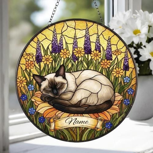 Custom Siamese cat Stained Glass Suncatcher, Sleeping Cat Window Decor, Cat Lover Gift, Floral Glass Art Panel, Handmade Pet Memorial Gift - image 3