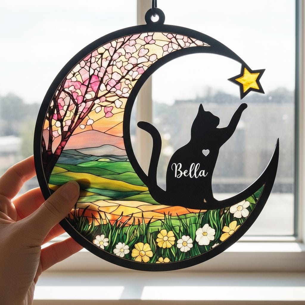 Personalized Cat Memorial With Cat Suncatcher, Custom Loss Of Cat Sympathy Gift, Cat Memorial Gift, Gift For Cat Lovers, In Loving Memory - image 5