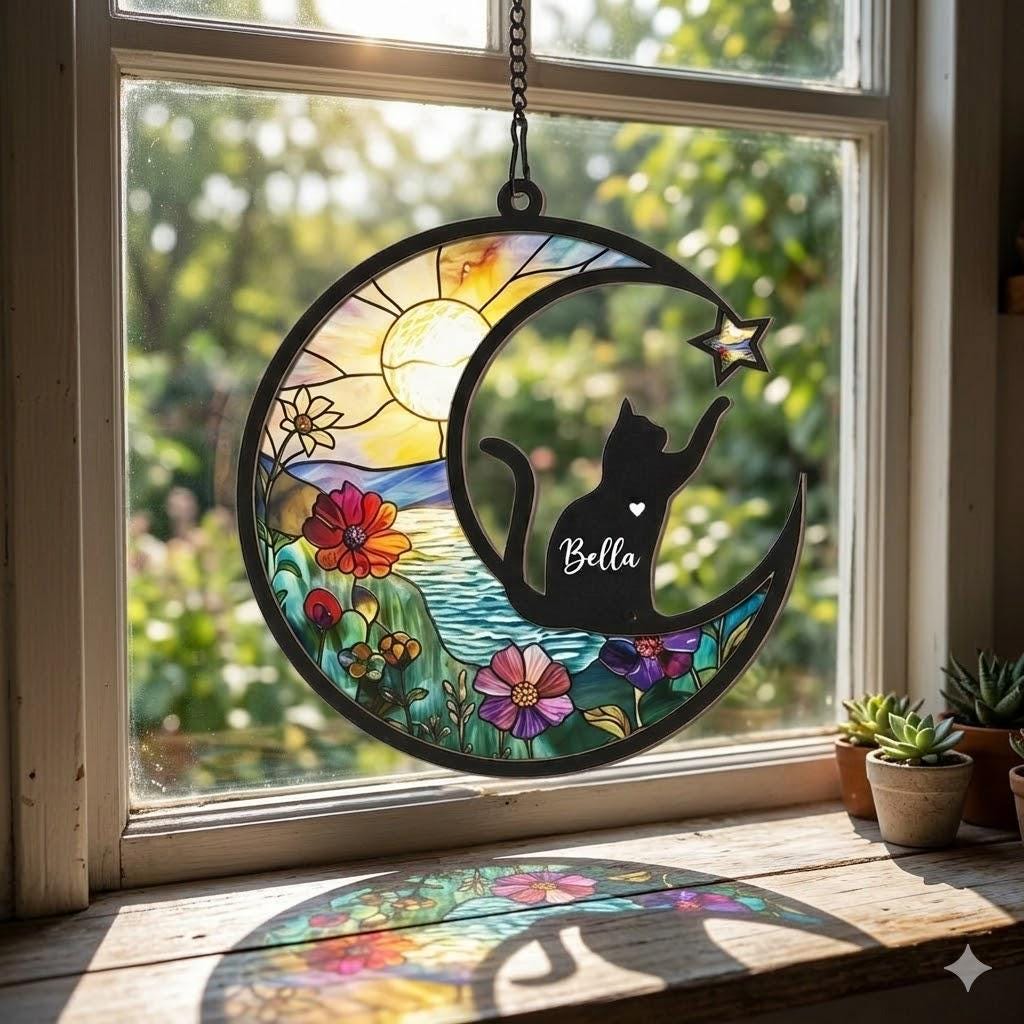 Personalized Cat Memorial With Cat Suncatcher, Custom Loss Of Cat Sympathy Gift, Gift For Cat Lovers, In Loving Memory, Pet lover Gift