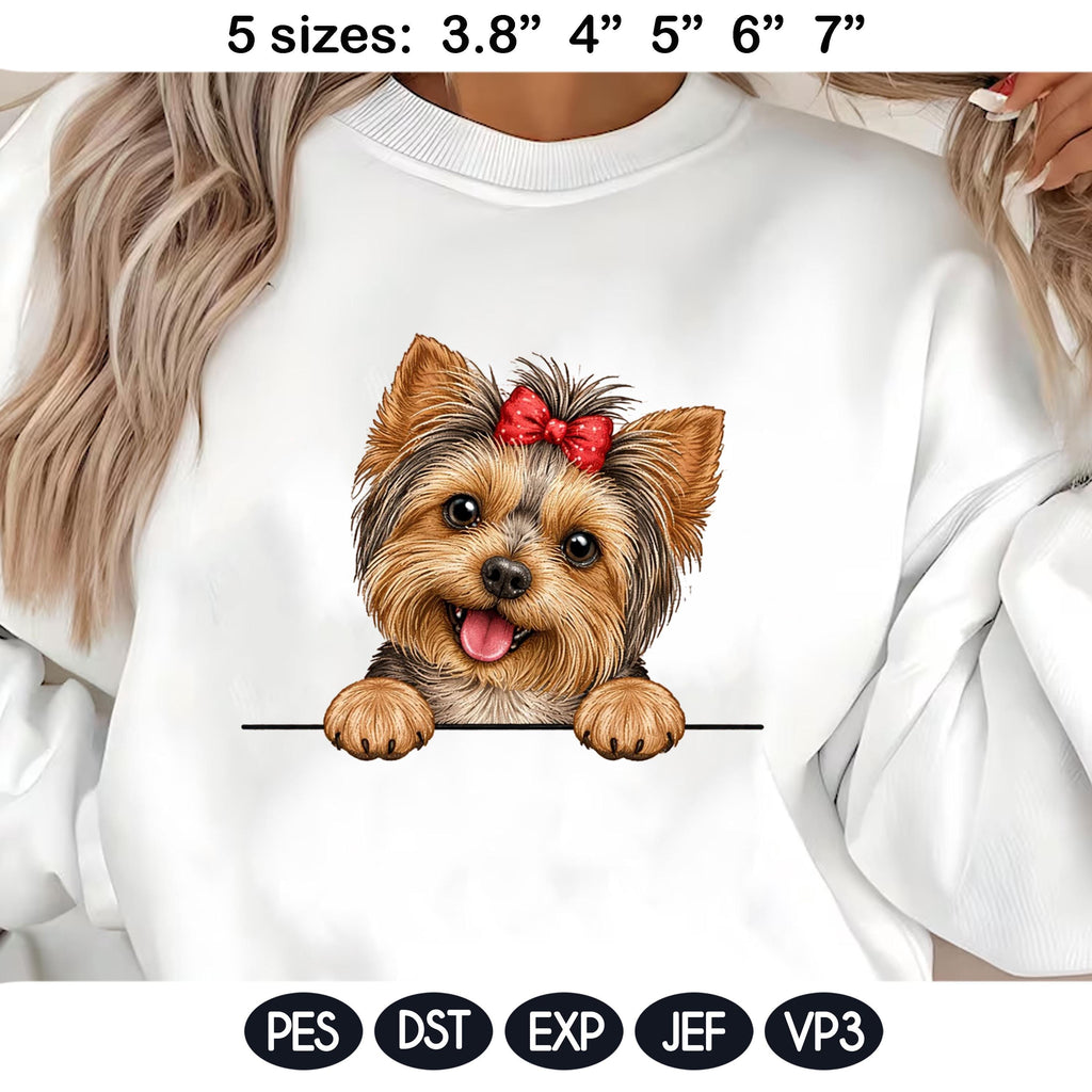 Cute Yorkie Puppy Peek Dog Embroidery Design With Bow, Yorkshire Terrier In The Hoop Pattern, Dog Mom Gift Machine Embroidery File - image 3