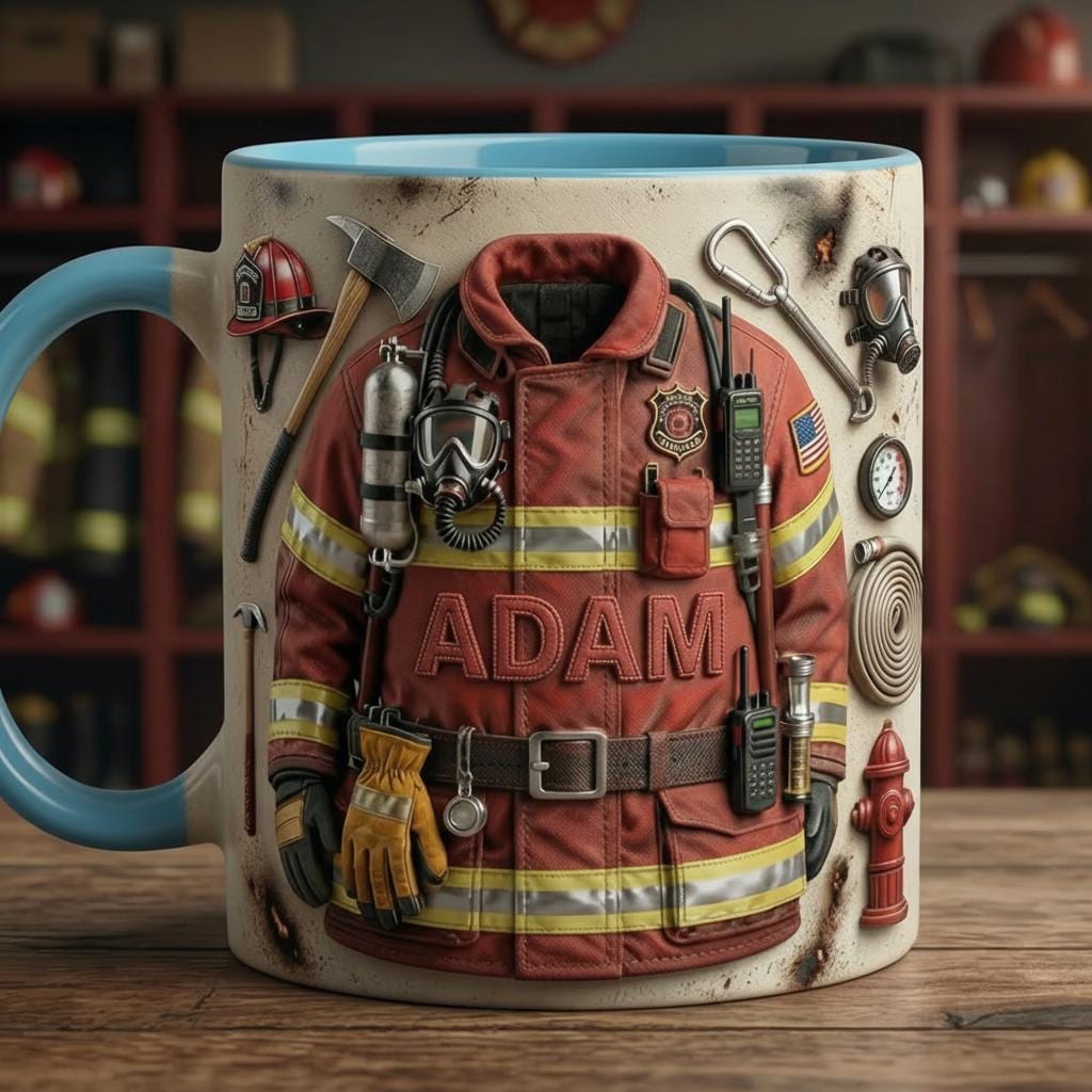 Custom Name Firefighter Faux 3D Accent Mug, Fire Rescue Stuff Cup, Proud Fireman, 2D Flat Mug - image 3