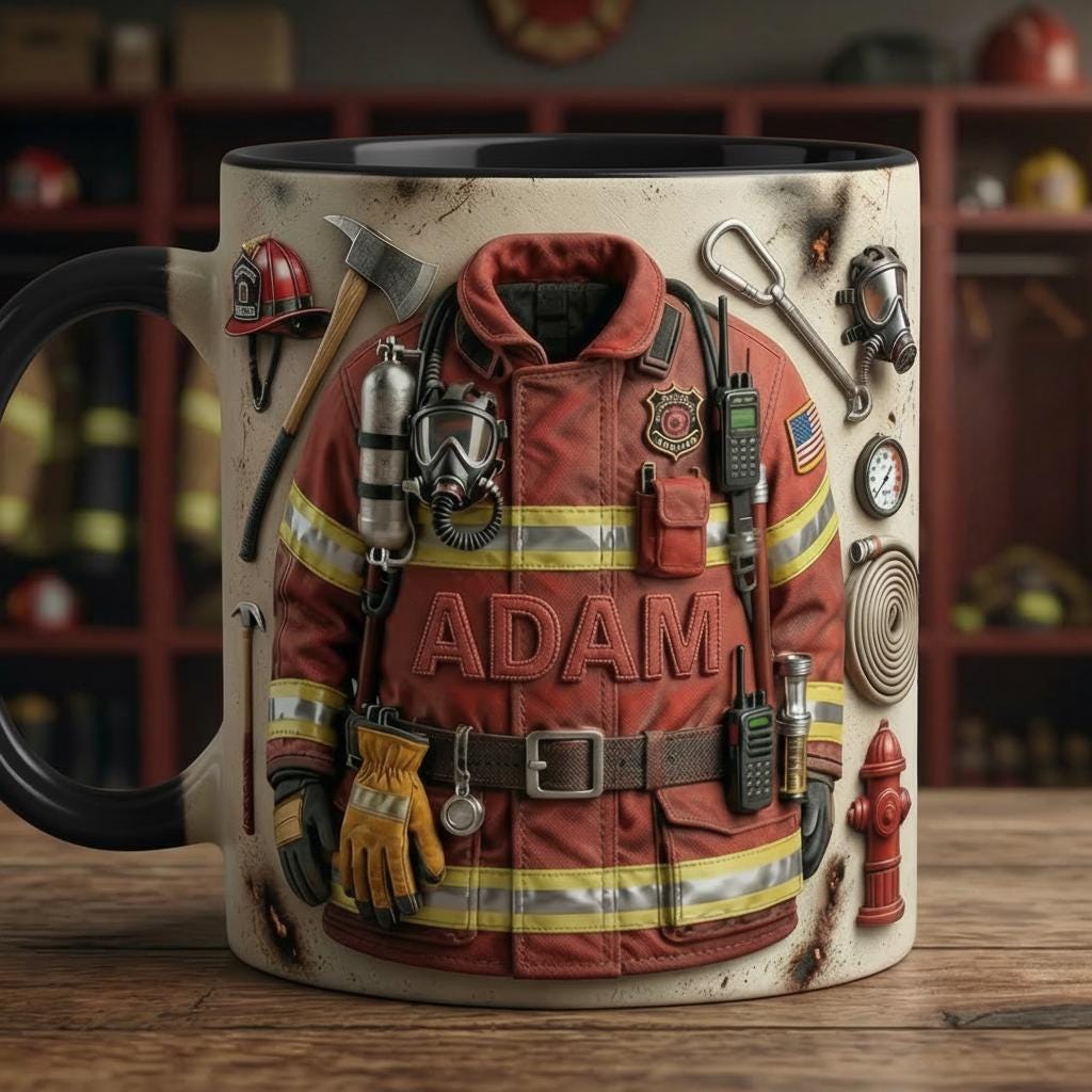 Custom Name Firefighter Faux 3D Accent Mug, Fire Rescue Stuff Cup, Proud Fireman, 2D Flat Mug - image 4