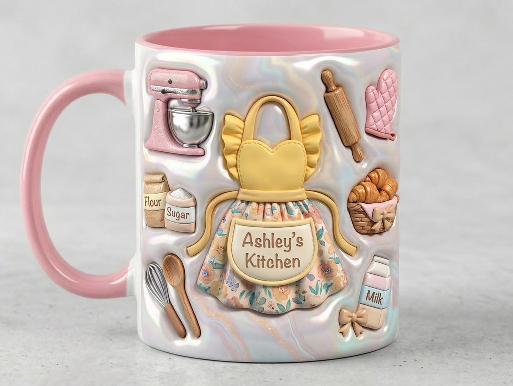 Personalized Baking Lover Mug, 3D Effect Custom Name Baker Mug, Apron Kitchen Coffee Cup, Mother's Day Gift