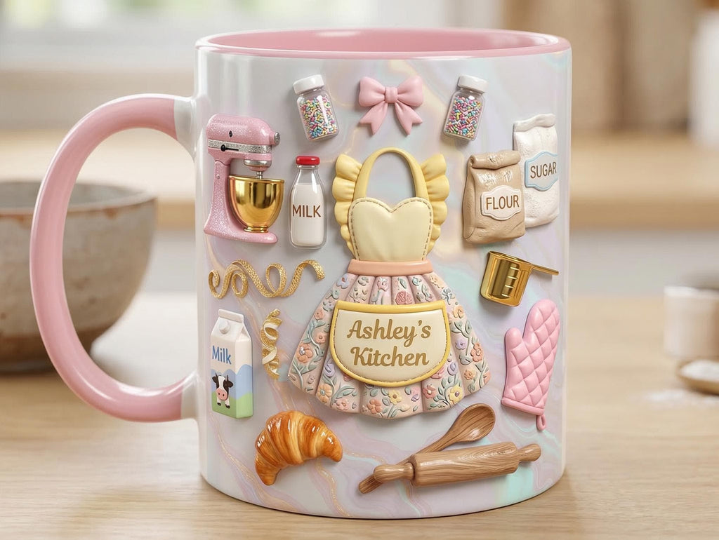 Personalized Baking Lover Mug, 3D Effect Custom Name Baker Mug, Apron Kitchen Coffee Cup, Mother's Day Gift