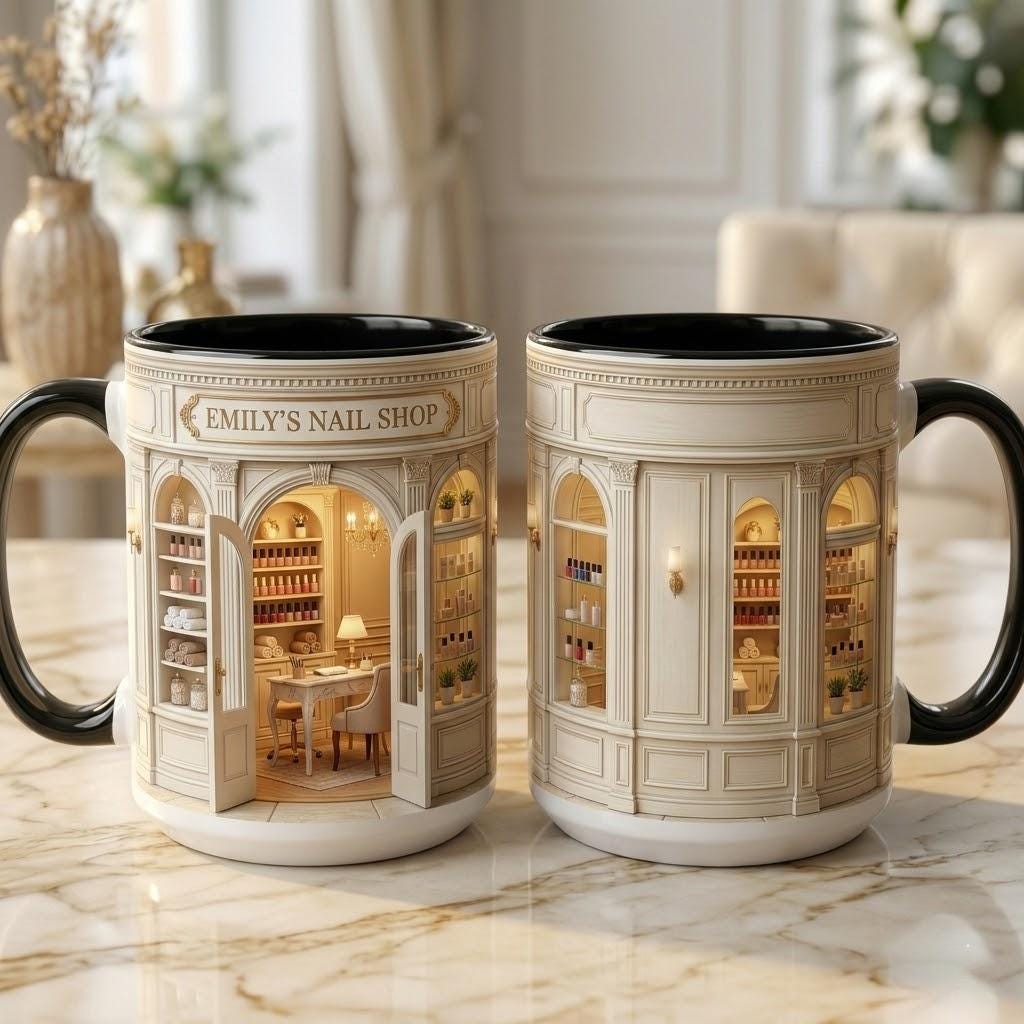 Custom Name Nail Store Mug, Faux 3D Effect Nail Artist Gift, Nail Art Coffee, Beauty Salon