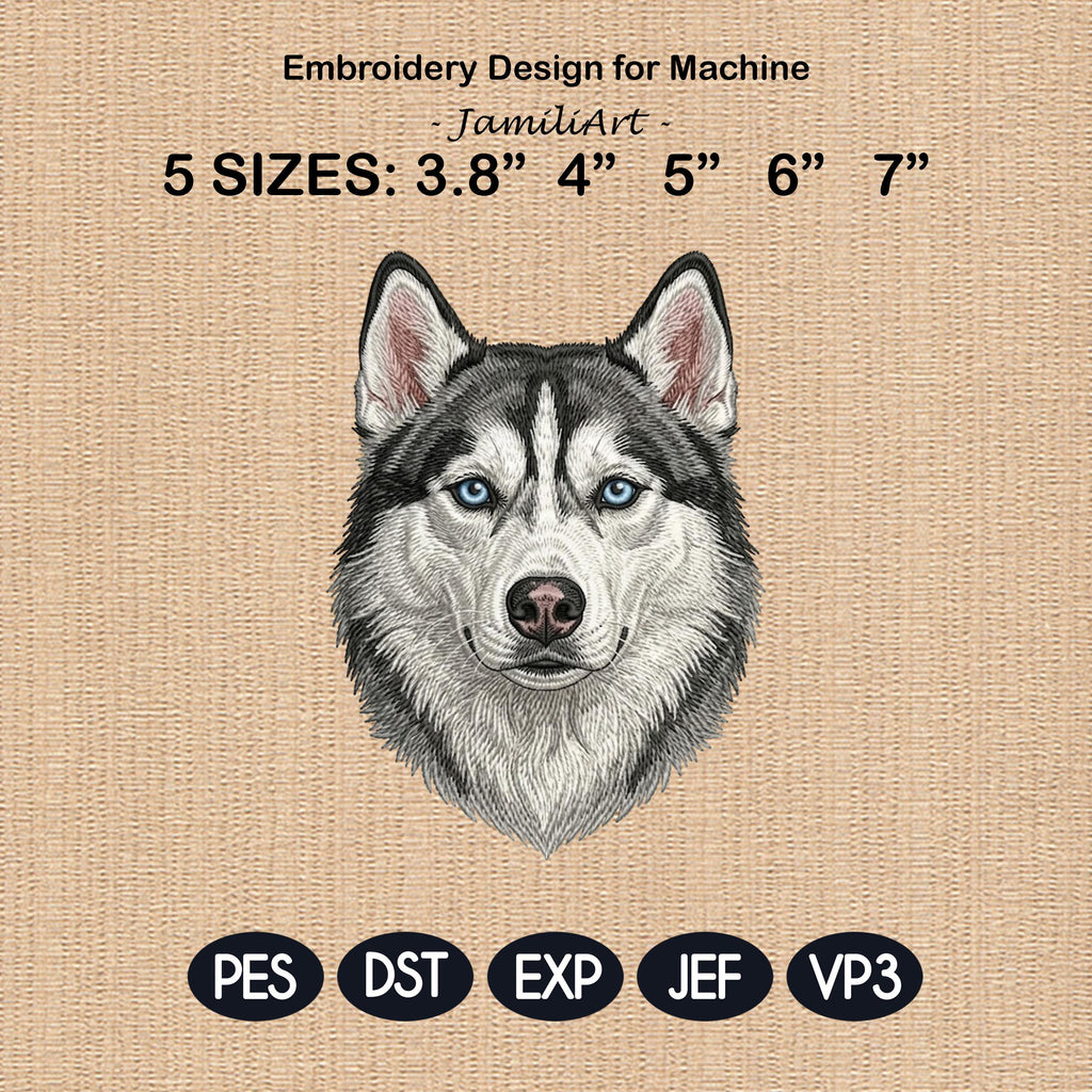 Siberian Husky Embroidery Design, Realistic Dog Portrait, Blue Eyes Husky Puppy Embroidery File, Detailed Dog Head,5 sizes, Digital Download