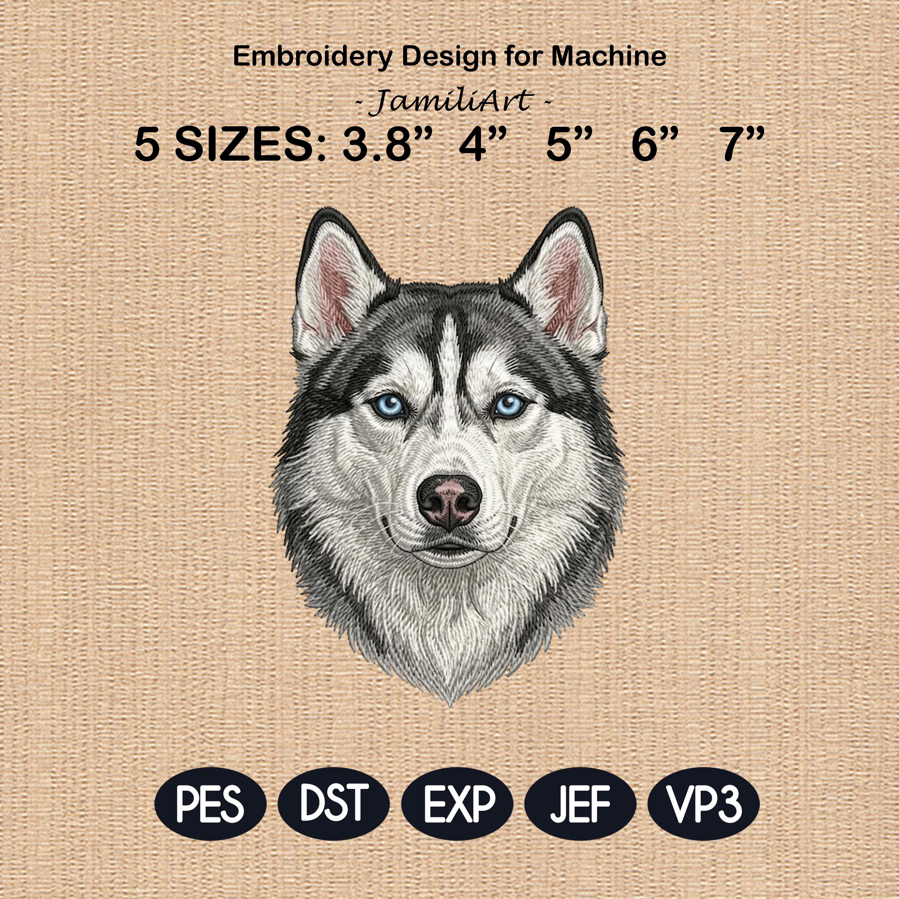 Siberian Husky Embroidery Design, Realistic Dog Portrait, Blue Eyes Husky Puppy Embroidery File, Detailed Dog Head,5 sizes, Digital Download