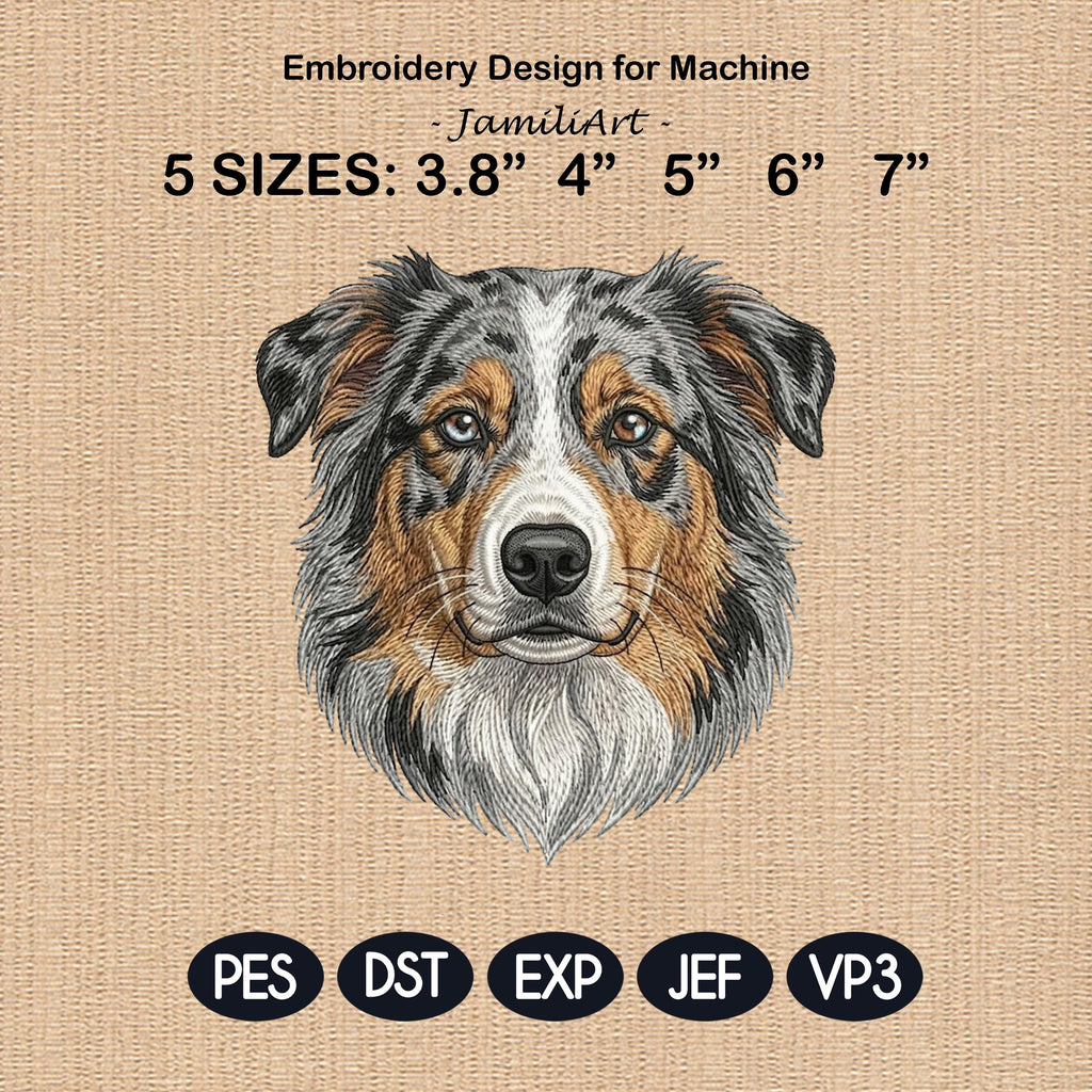 Australian Shepherd Embroidery Design, Blue Merle Aussie Dog Portrait, Realistic Puppy Machine Embroidery File, 5 sizes, Digital Download