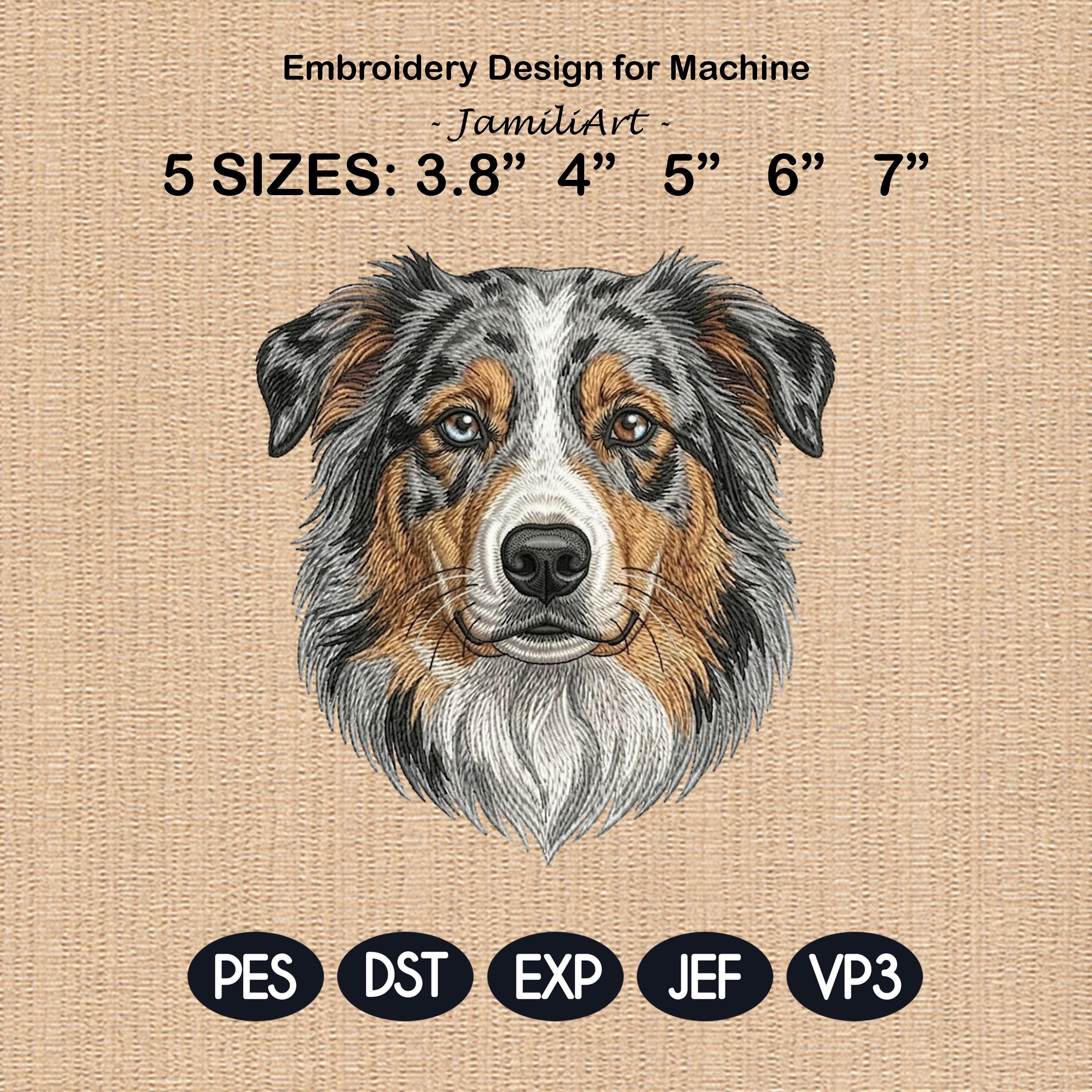 Australian Shepherd Embroidery Design, Blue Merle Aussie Dog Portrait, Realistic Puppy Machine Embroidery File, 5 sizes, Digital Download
