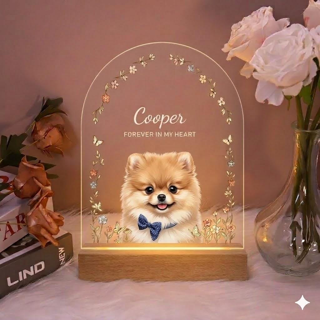 Personalized Pet Memorial LED Night Light — Custom Dog or Cat Photo Sympathy Gift, Pet Portrait