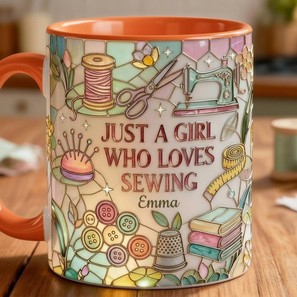 Personalized Just A Girl Who Loves Sewing Mug, 3D Effect Custom Craft Coffee Mug, Cute Sewing Lover Gift, 2D Flat