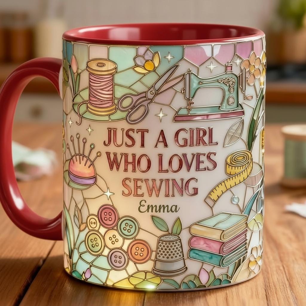 Personalized Just A Girl Who Loves Sewing Mug, 3D Effect Custom Craft Coffee Mug, Cute Sewing Lover Gift, 2D Flat - image 5