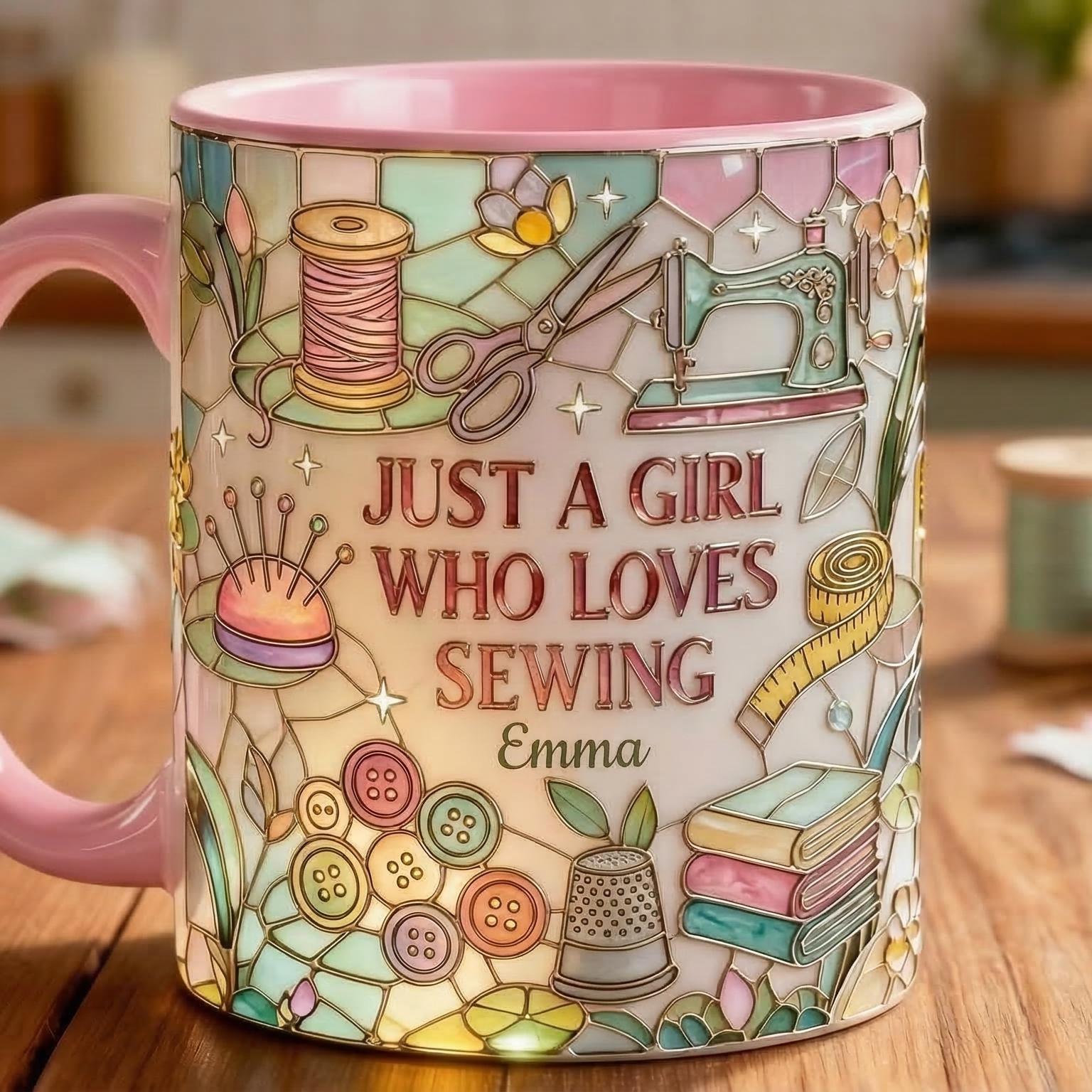 Personalized Just A Girl Who Loves Sewing Mug, 3D Effect Custom Craft Coffee Mug, Cute Sewing Lover Gift, 2D Flat - image 2