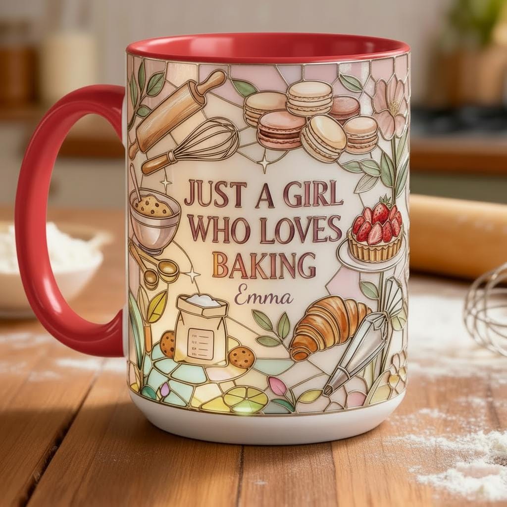 Personalized Just A Girl Who Loves Baking Faux 3D Effect Mug, Just A Girl Who Loves Baking Mug, Baking Tools Design, 2D Flat Mug