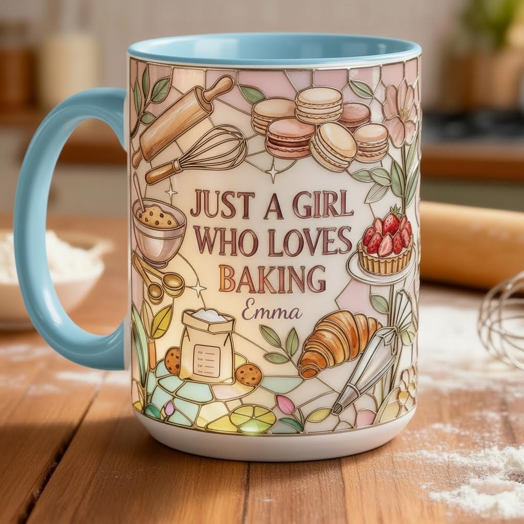 Personalized Just A Girl Who Loves Baking Faux 3D Effect Mug, Just A Girl Who Loves Baking Mug, Baking Tools Design, 2D Flat Mug - image 3