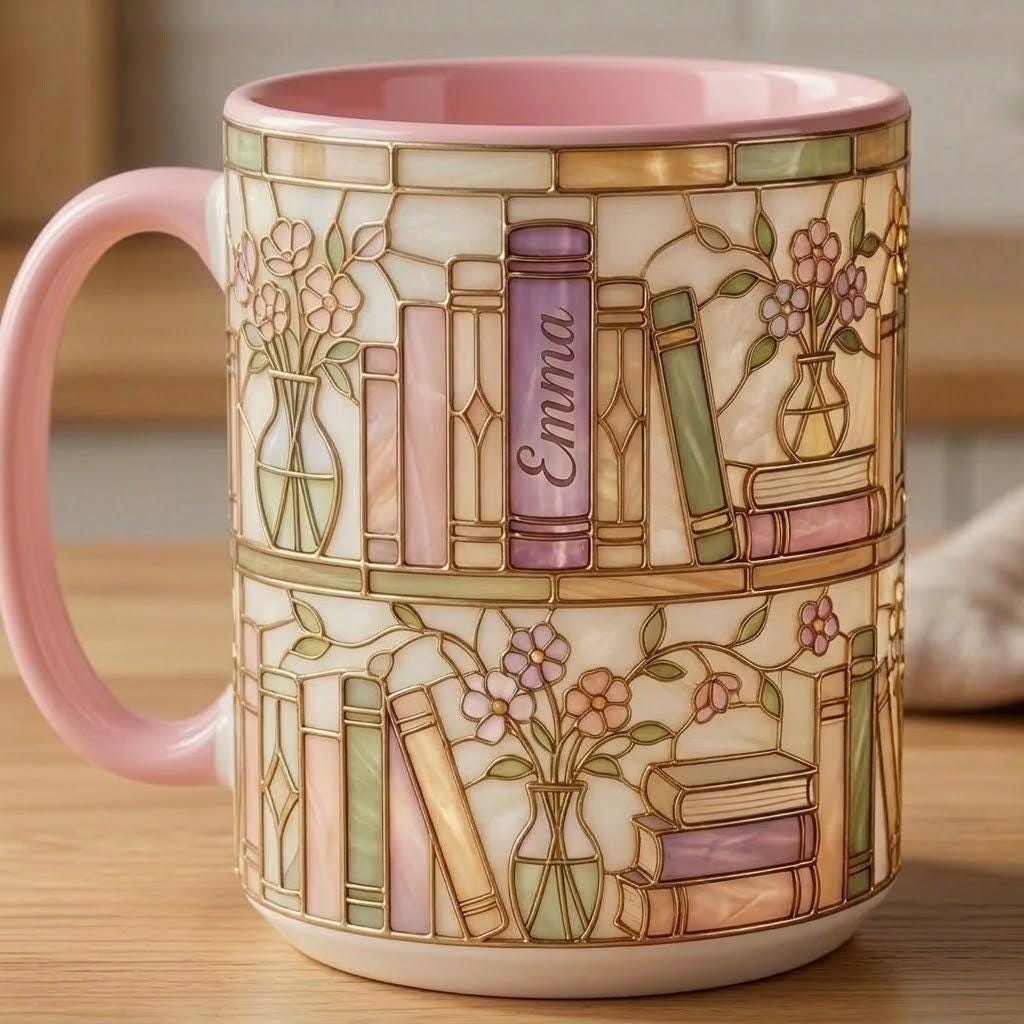 Personalized Bookish Faux Stained Glass Style Mug, Ceramic Mug Book Lover gift, 2D Flat Mug