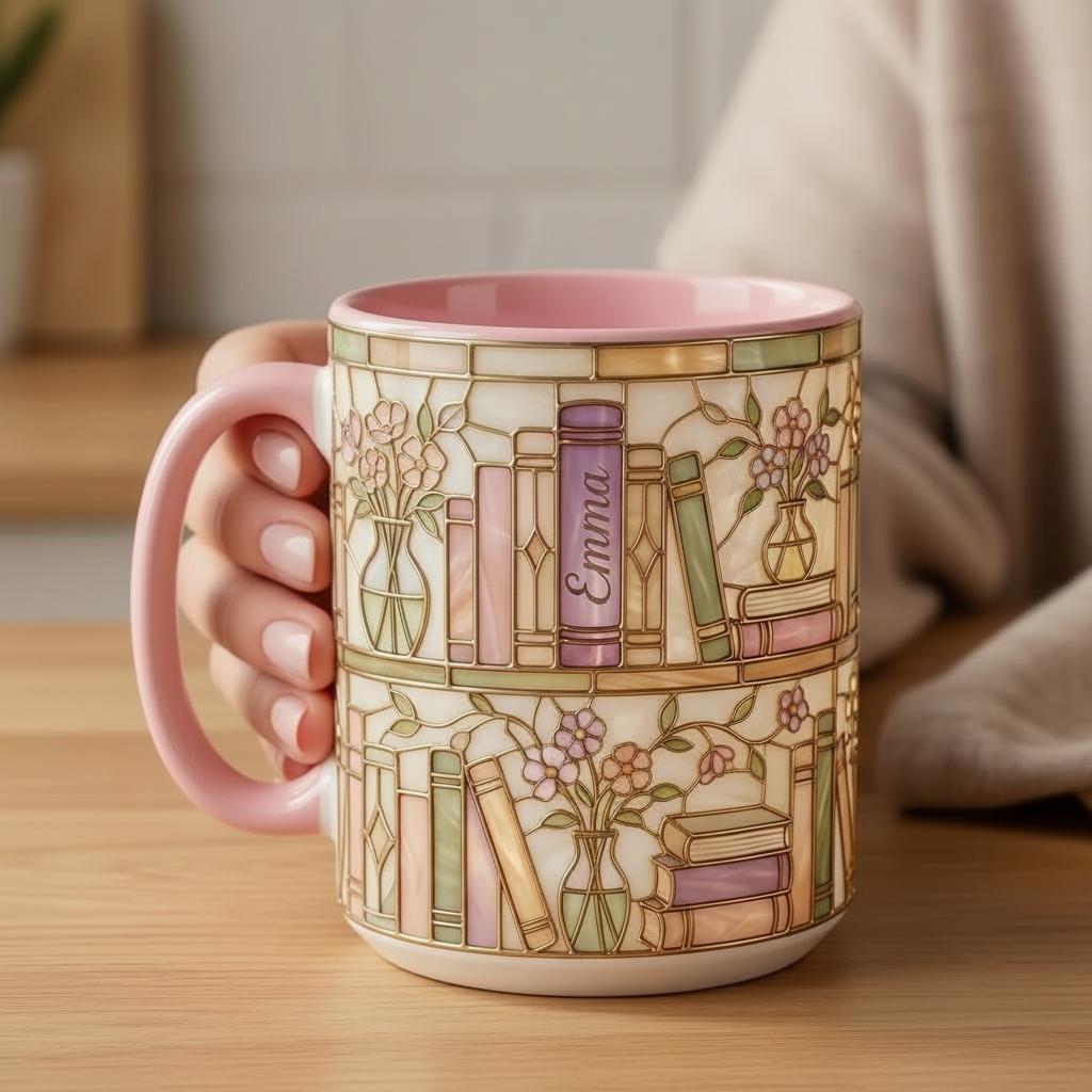 Personalized Bookish Faux Stained Glass Style Mug, Ceramic Mug Book Lover gift, 2D Flat Mug - image 8