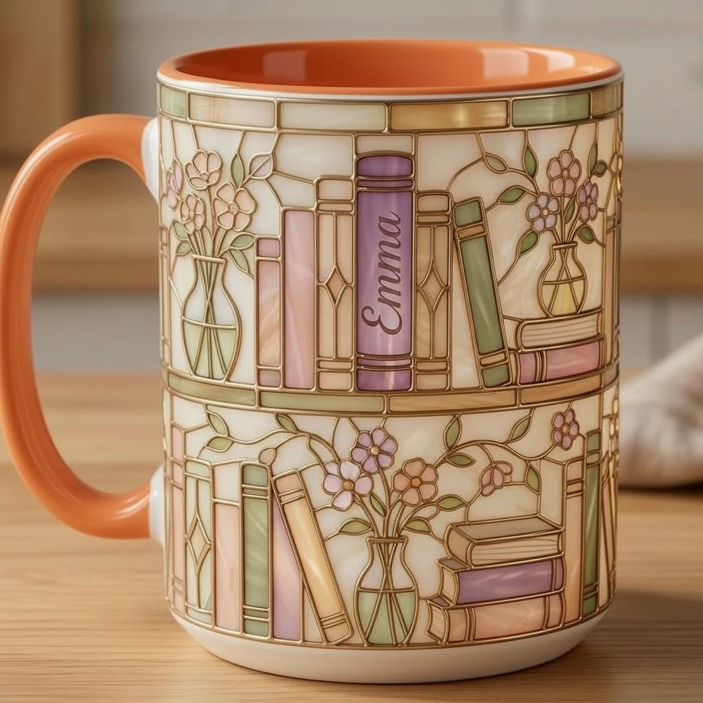 Personalized Bookish Faux Stained Glass Style Mug, Ceramic Mug Book Lover gift, 2D Flat Mug - image 4