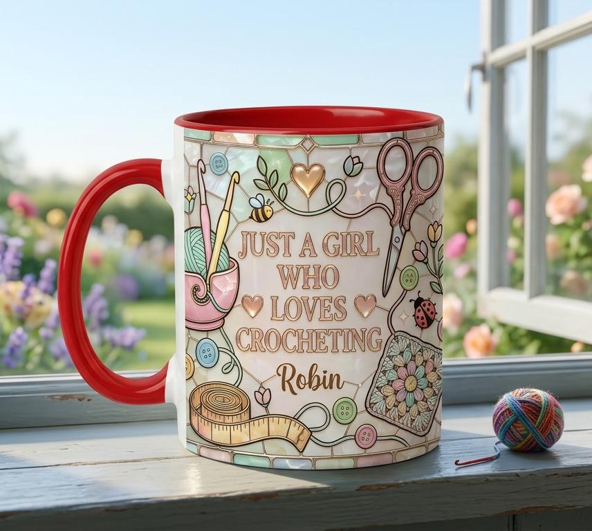 Personalized Sewing Coffee Cup, Custom 3D-Effect Craft Tools Accent Mug, Just A Girl Who Loves Crocheting - image 2