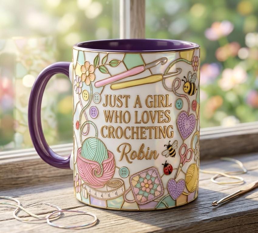 Personalized Sewing Coffee Cup, Custom 3D-Effect Craft Tools Accent Mug, Just A Girl Who Loves Crocheting - image 3