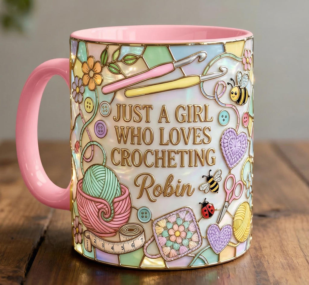 Personalized Sewing Coffee Cup, Custom 3D-Effect Craft Tools Accent Mug, Just A Girl Who Loves Crocheting