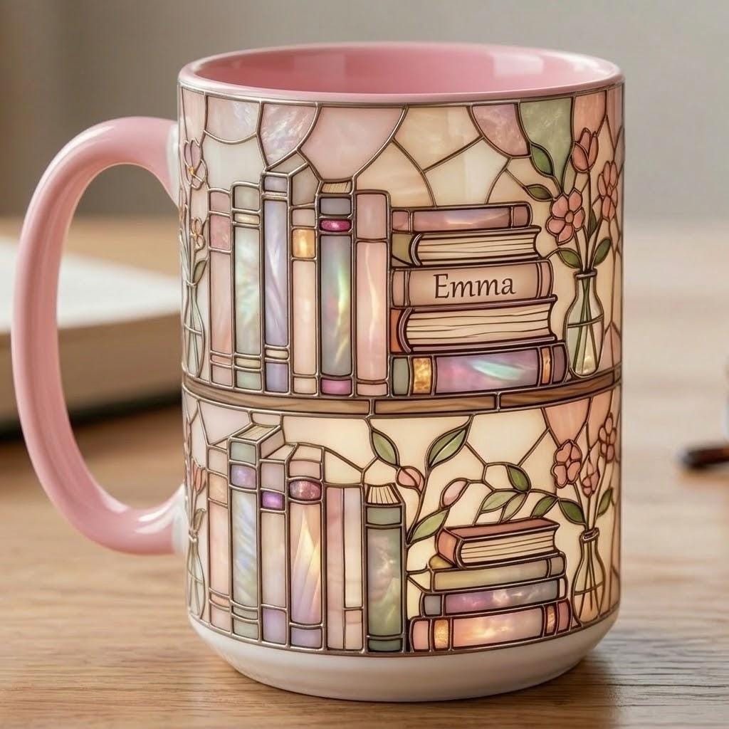 Custom Name Bookish Faux Stained Glass Style Mug, Ceramic Mug Book Lover gift, 2D Flat Mug