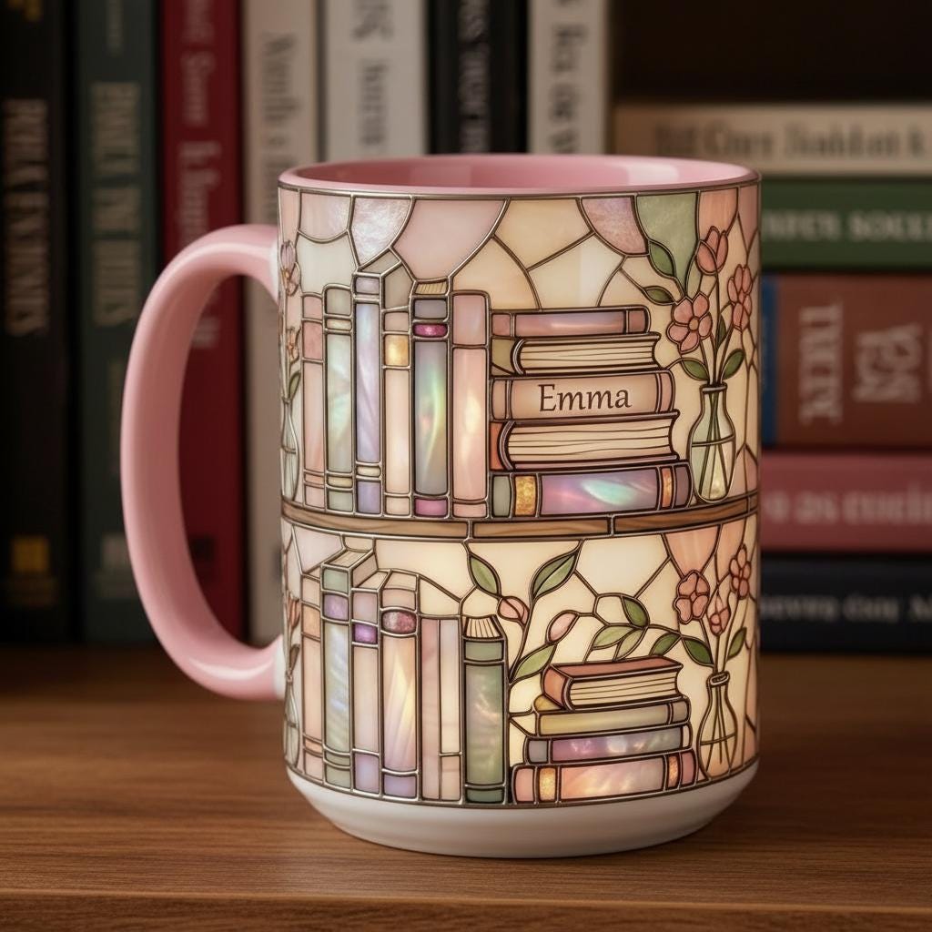 Custom Name Bookish Faux Stained Glass Style Mug, Ceramic Mug Book Lover gift, 2D Flat Mug - image 2