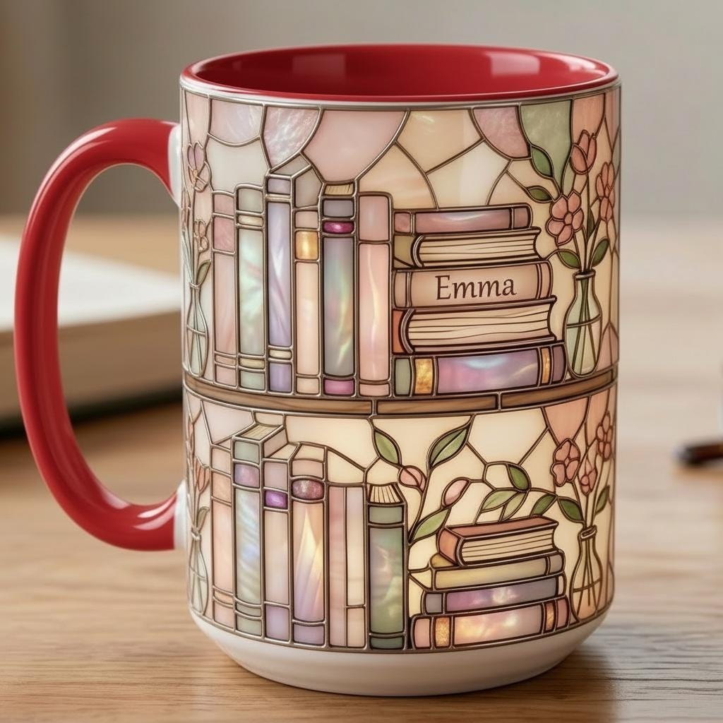 Custom Name Bookish Faux Stained Glass Style Mug, Ceramic Mug Book Lover gift, 2D Flat Mug - image 5