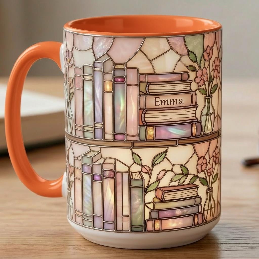 Custom Name Bookish Faux Stained Glass Style Mug, Ceramic Mug Book Lover gift, 2D Flat Mug - image 4