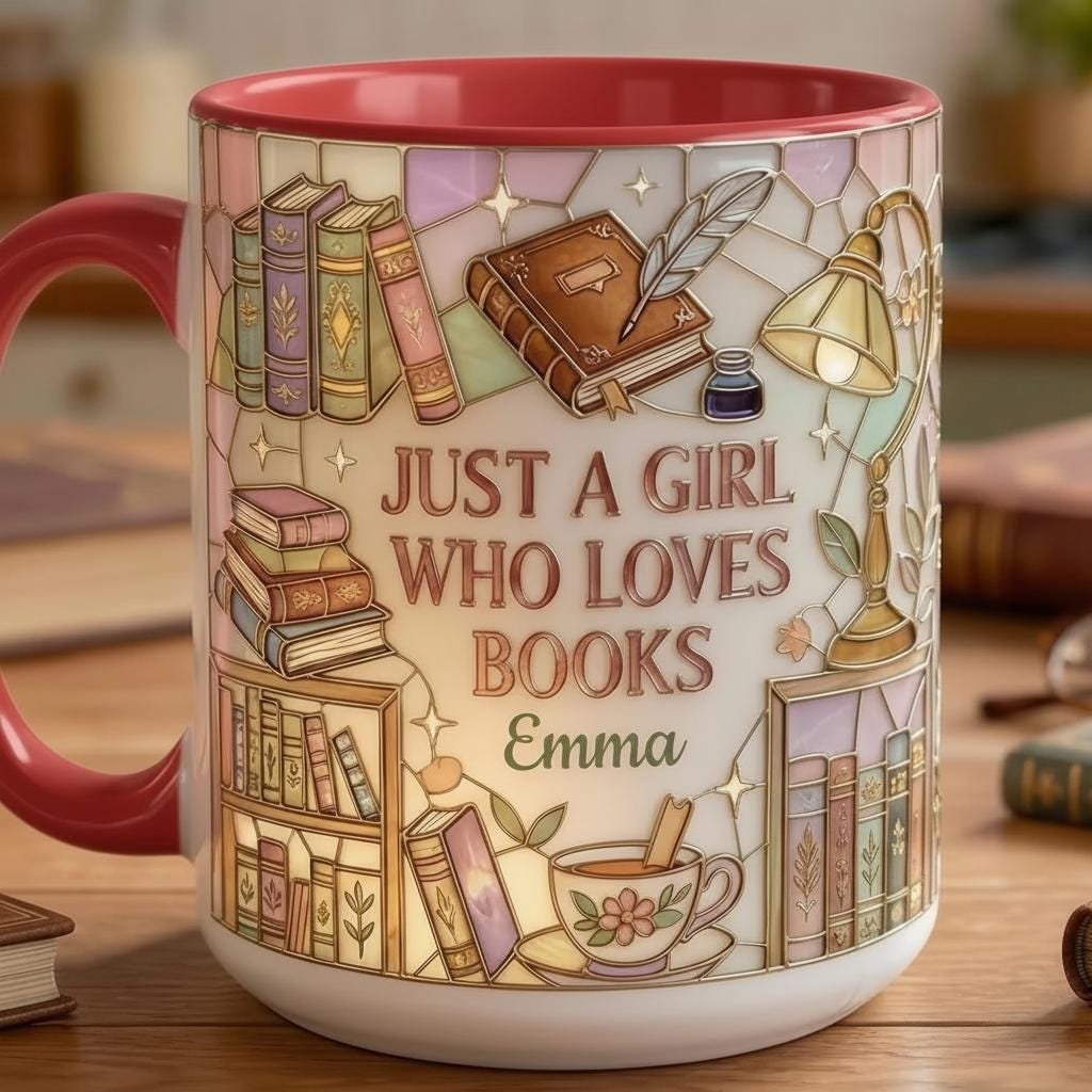 Personalized Just A Girl Who Loves Reading Faux Stained Glass Style Mug, Ceramic Mug Book Lover gift, 2D Flat Mug