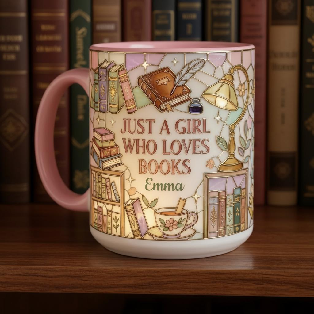 Personalized Just A Girl Who Loves Reading Faux Stained Glass Style Mug, Ceramic Mug Book Lover gift, 2D Flat Mug - image 4