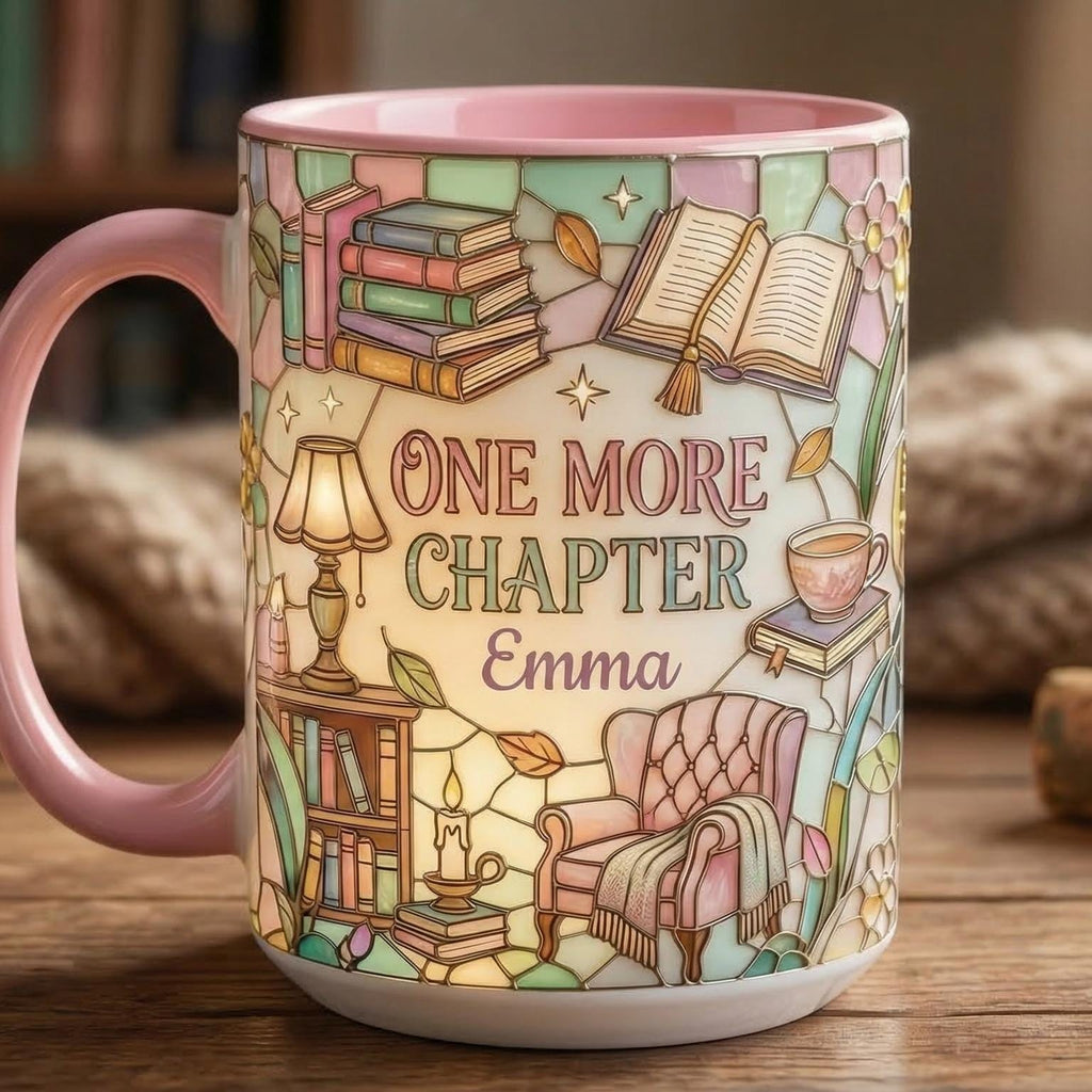 Custom Name Bookish One More Chapter Mug, Faux Stained Glass Style Mug, Ceramic Mug Book Lover gift, 2D Flat Mug