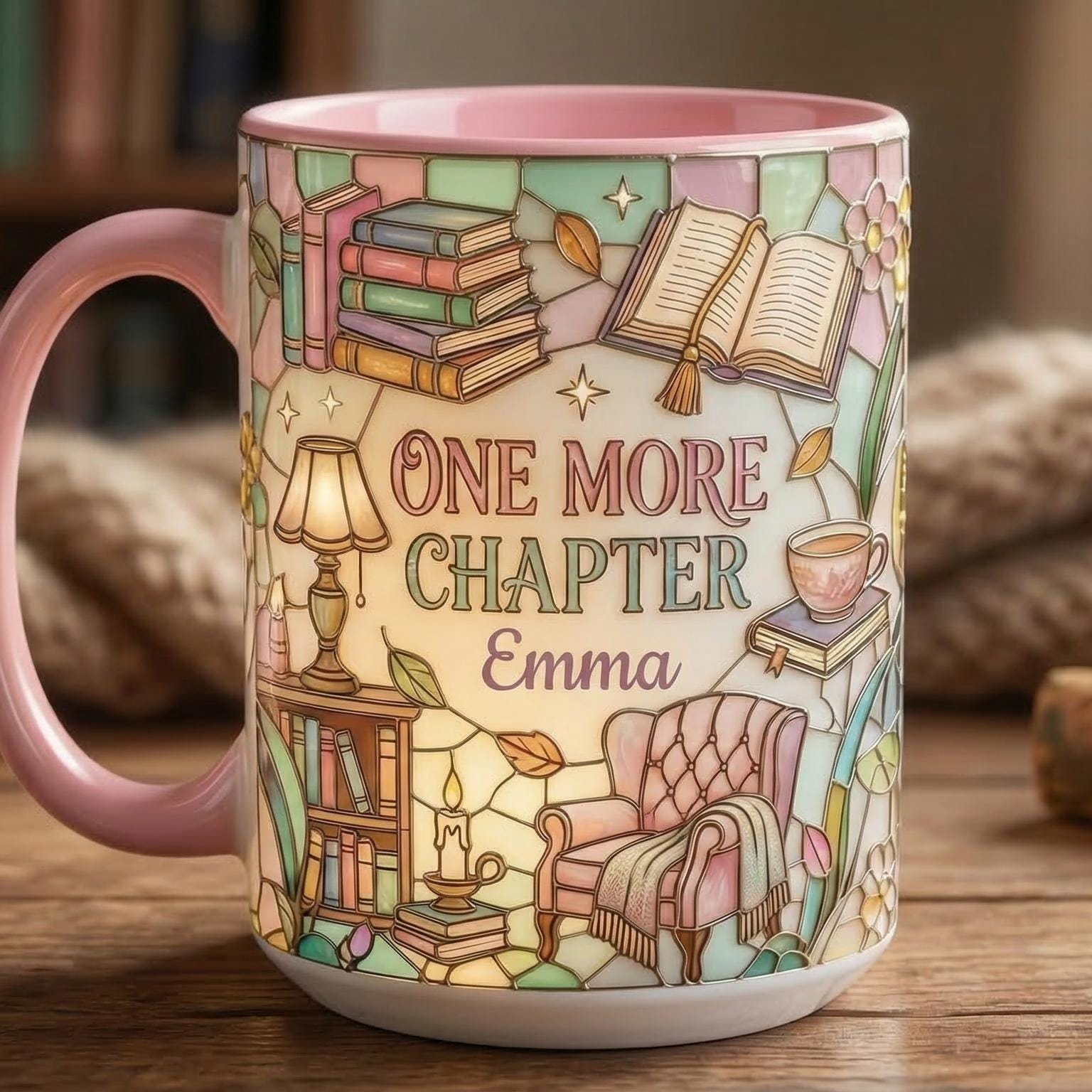 Custom Name Bookish One More Chapter Mug, Faux Stained Glass Style Mug, Ceramic Mug Book Lover gift, 2D Flat Mug