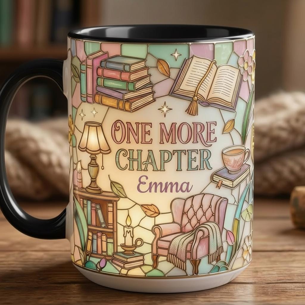 Custom Name Bookish One More Chapter Mug, Faux Stained Glass Style Mug, Ceramic Mug Book Lover gift, 2D Flat Mug - image 4