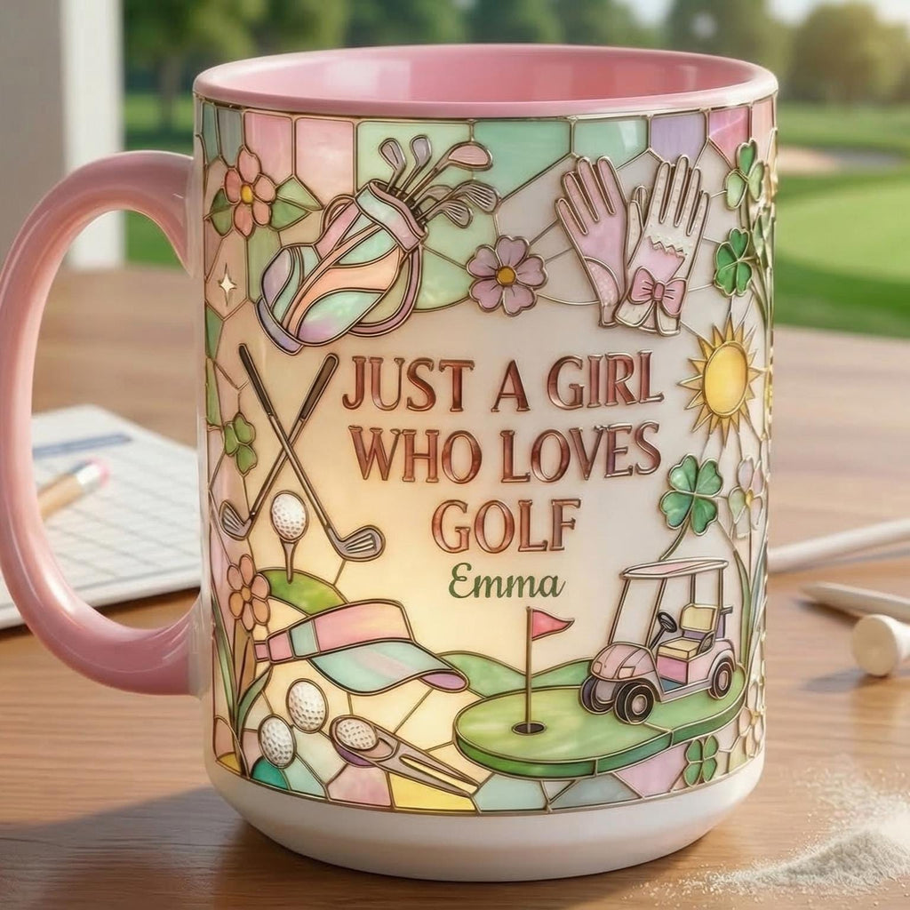 Personalized Just A Girl Who Loves Golf Faux 3D Accent Mug, Girl Golf Lover Mug, Gift for Her, 2D Flat Mug