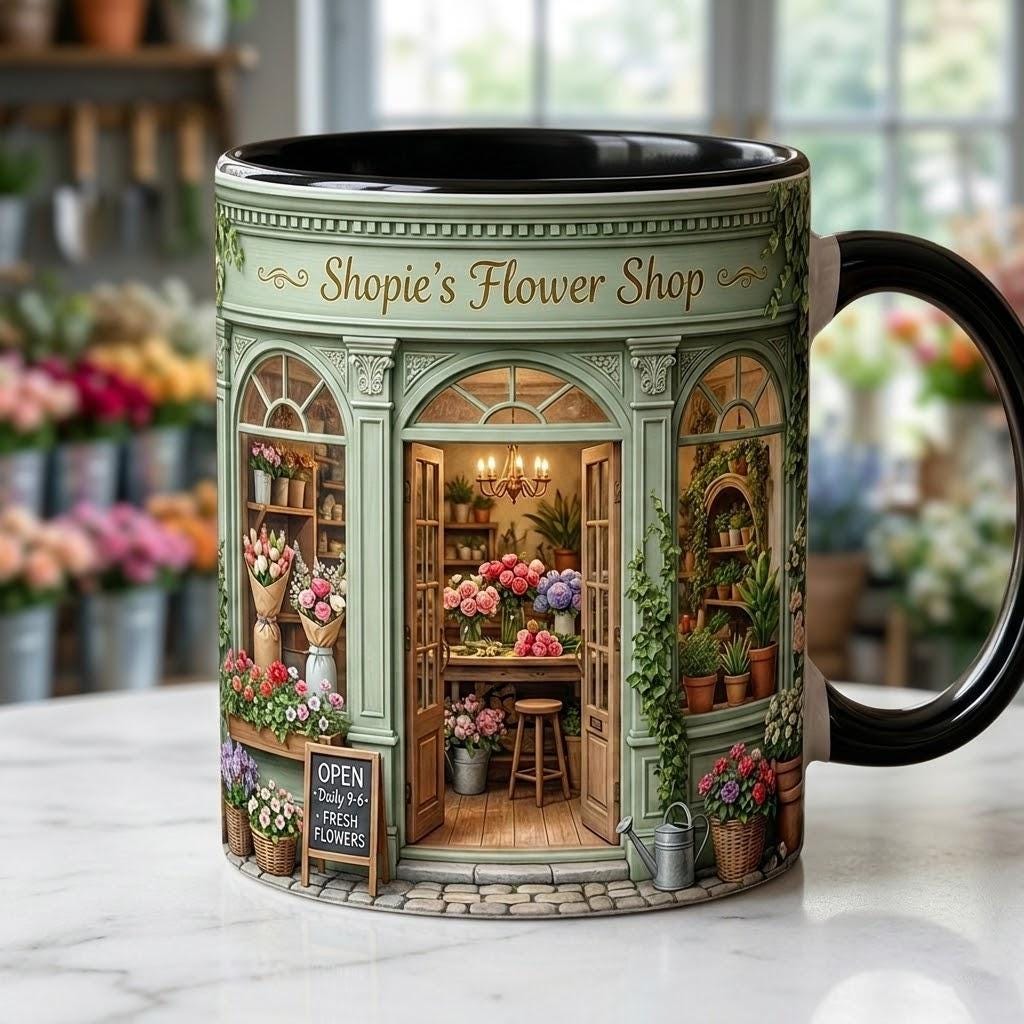 Custom Name Flower Shop Faux 3D Effect Mug, Gift For Florist - image 2