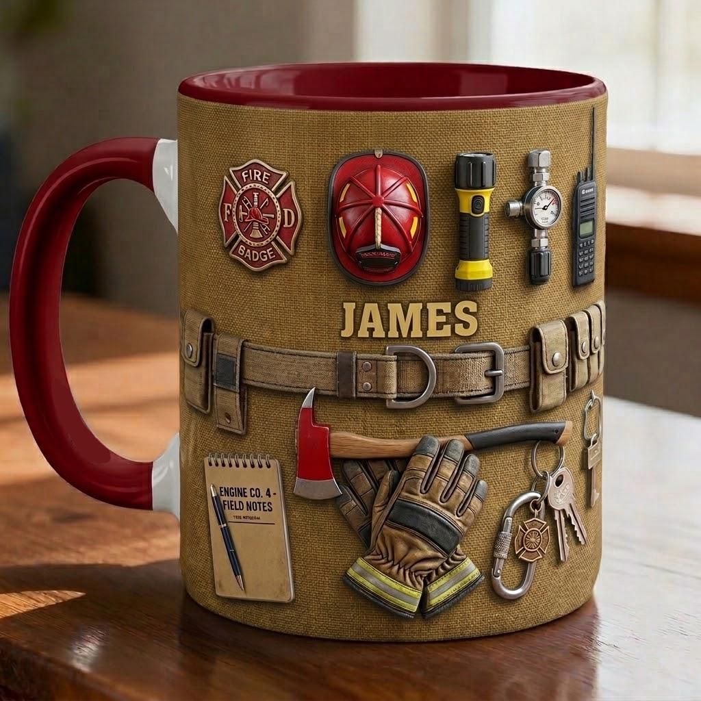 Personalized Firefighter Faux 3D Accent Mug, Fire Rescue Stuff Cup, Proud Fireman