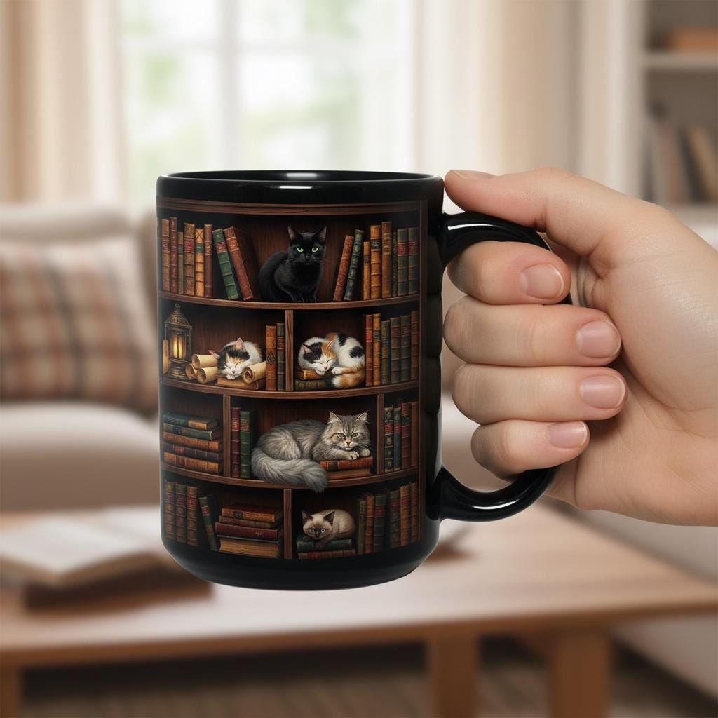 Book Cat Lover Mug, Bookshelf with Sleeping Cat Coffee Cup, Gift for Reading Lover - image 4
