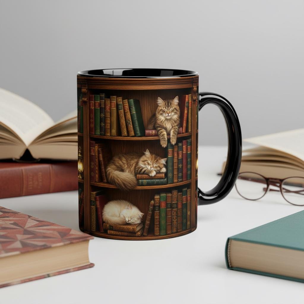 Book Cat Lover Mug, Bookshelf with Sleeping Cat Coffee Cup, Gift for Reading Lover - image 4