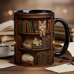 Book Cat Lover Mug, Bookshelf with Sleeping Cat Coffee Cup, Gift for Reading Lover