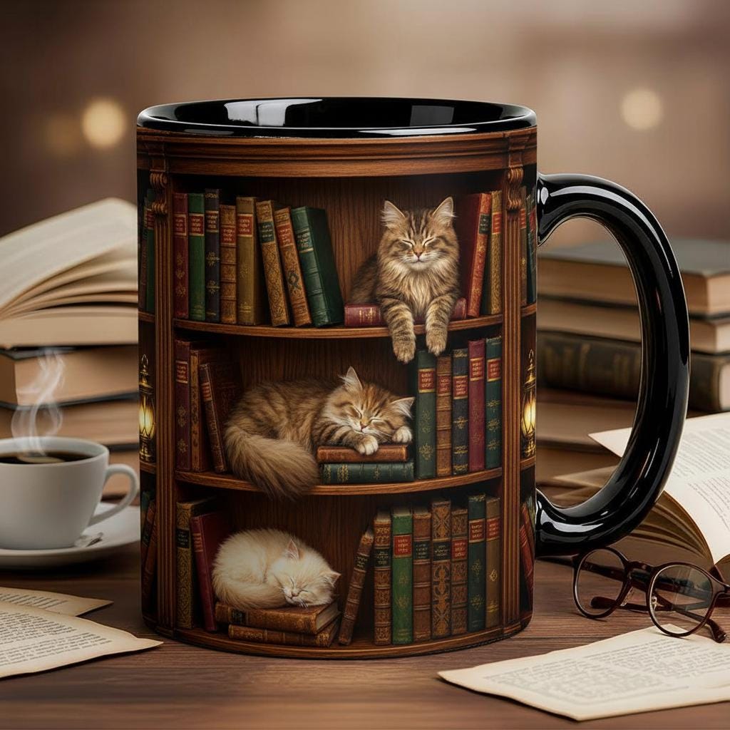 Book Cat Lover Mug, Bookshelf with Sleeping Cat Coffee Cup, Gift for Reading Lover