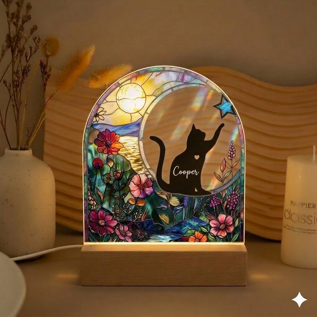 Personalized Cat Memorial LED Night Light — Custom Loss Of Cat Sympathy Gift, Pet Memorial Gift, Cat Memorial Gift