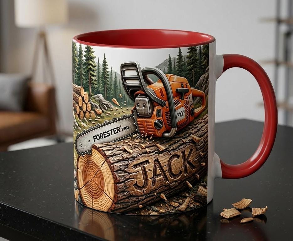 Custom Lumberjack Mug with Chainsaw, Personalized Name Coffee Mug, Gift for Him Woodcutter Arborist - image 2