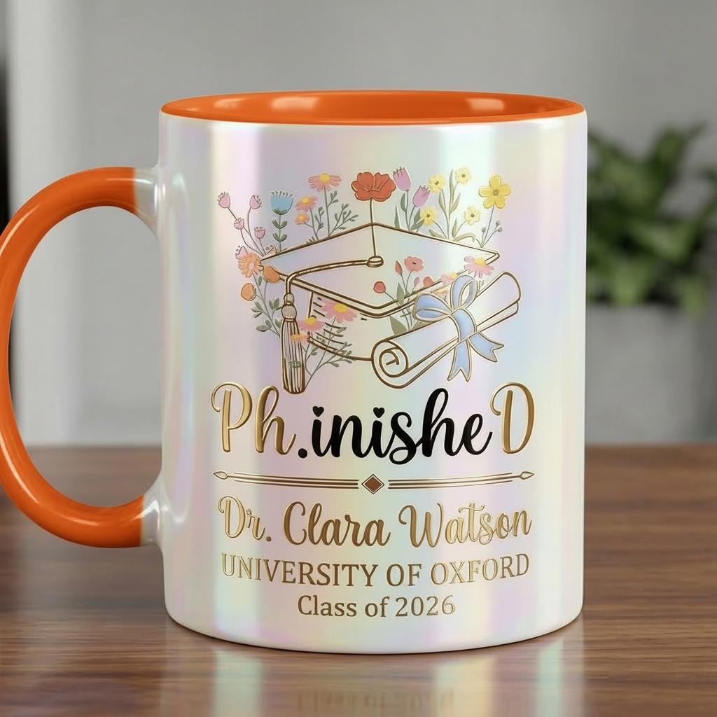 Personalized PhD Graduation Mug 2026, Floral Phinished Doctor Gift, Graduation Gift For Her, Faux 3D Mug - Flat Surface - image 2