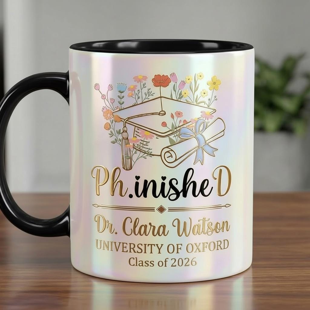 Personalized PhD Graduation Mug 2026, Floral Phinished Doctor Gift, Graduation Gift For Her, Faux 3D Mug - Flat Surface - image 5