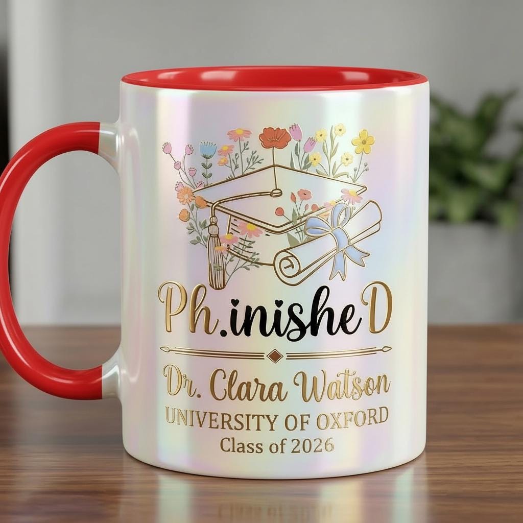 Personalized PhD Graduation Mug 2026, Floral Phinished Doctor Gift, Graduation Gift For Her, Faux 3D Mug - Flat Surface - image 6