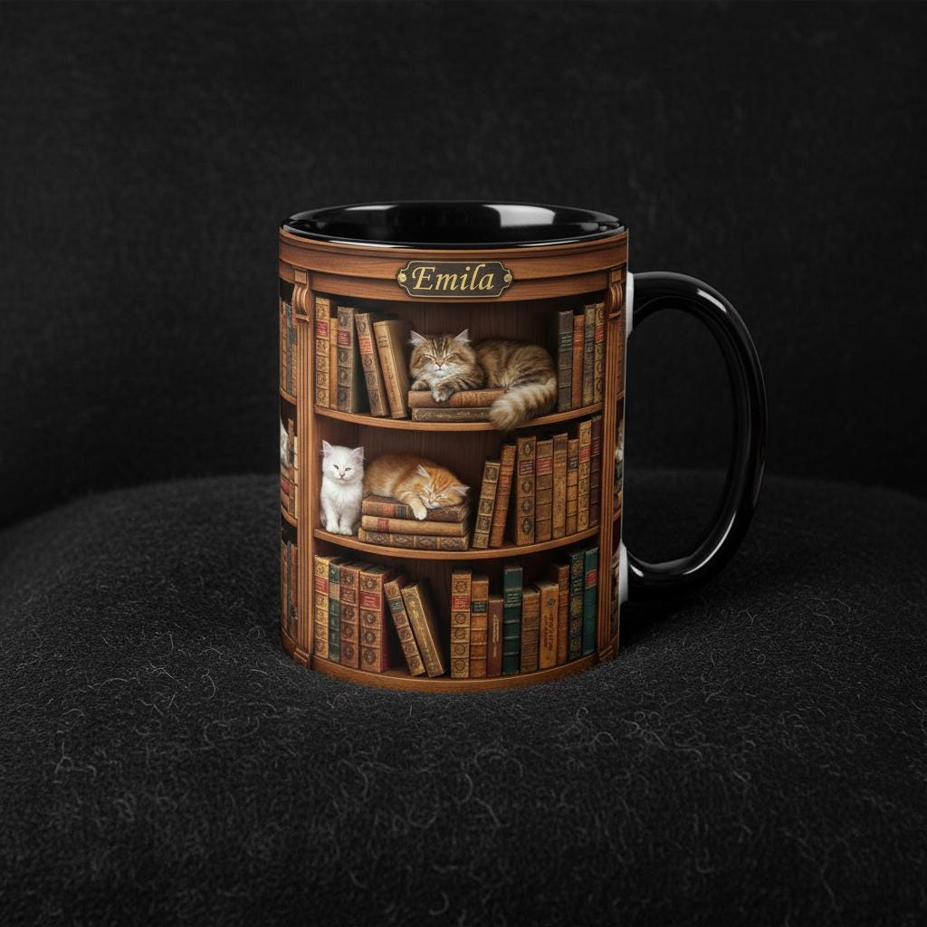 Personalized Book Cat Lover Mug, Custom Bookshelf with Sleeping Cat Coffee Cup, Gift for Reading Lover - image 3