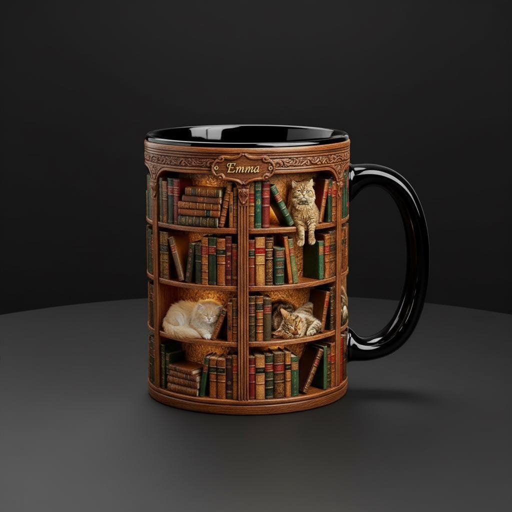 Personalized Book Cat Lover Mug, Custom Bookshelf with Sleeping Cat Coffee Cup, Gift for Reading Lover - image 2