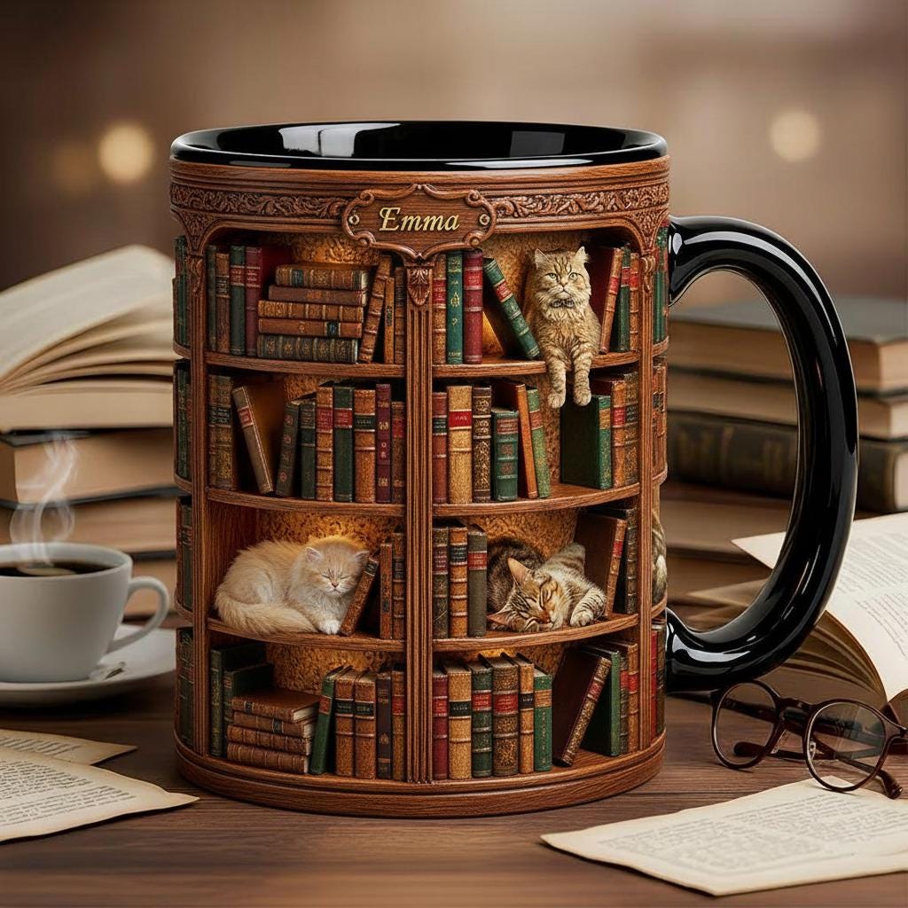 Personalized Book Cat Lover Mug, Custom Bookshelf with Sleeping Cat Coffee Cup, Gift for Reading Lover
