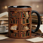 Personalized Book Cat Lover Mug, Custom Bookshelf with Sleeping Cat Coffee Cup, Gift for Reading Lover